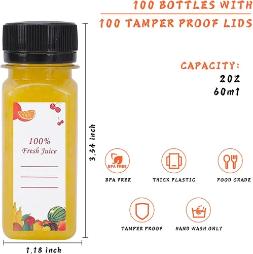 Vista 3 de OBKJJ Botellas de Plástico para Jugo 150 piezas 2 oz Botellas de Agua de Plástico Vacías con Tapas Recipientes Transparentes Reutilizables