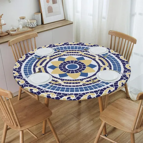 Vista 7 de Mantel redondo geométrico azul y blanco con bordes elásticos para mesas de hasta 45 a 50 pulgadas de diámetro