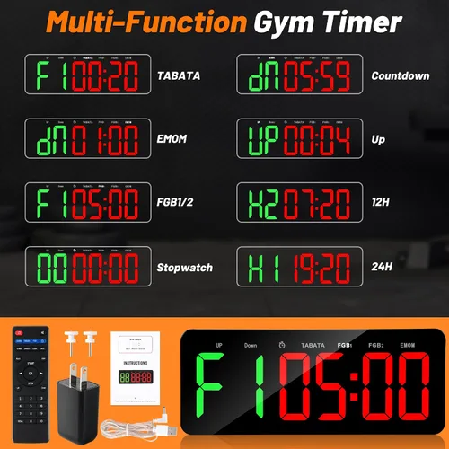 Vista 6 de Reloj temporizador de gimnasio mejorado para Tabata/FBG/EMOM - Reloj de entrenamiento grande para gimnasio en casa con control remoto, cuenta