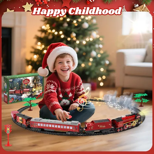 Vista 5 de Juego de tren de Navidad para alrededor debajo del árbol, tren eléctrico para árbol de Navidad con control remoto, sonido, humo y luz, locomotora