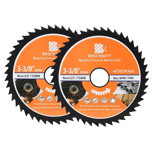Vista 17 de Hoja de Sierra Circular HSS de 3 3/8 pulgadas - BRSCHNITT 44T Orificio de 3/5"-3/8" Discos de Corte para Cortar Madera, Cobre, Aluminio, Plástico