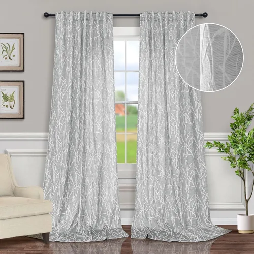 Vista 13 de Pitalk - Cortinas con patrón beige de 63 pulgadas de largo para dormitorio, 2 paneles con pestaña trasera y bolsillo, diseño de ramas de árbol