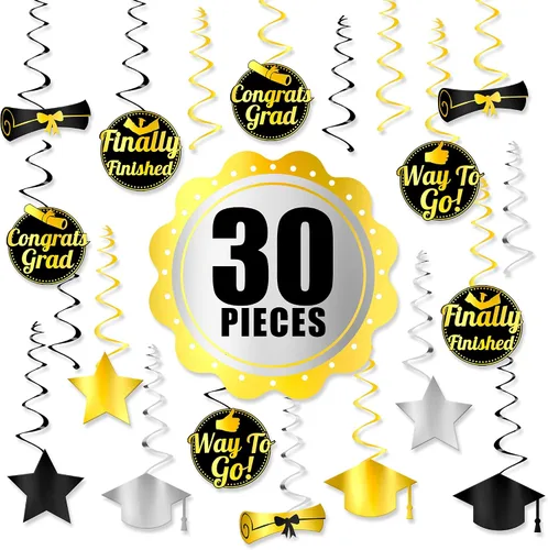 Vista 4 de KatchOn, Decoraciones colgantes de graduación – Paquete de 30 Decoraciones de techo de graduación Decoraciones de graduación negras y doradas