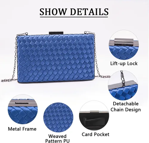 Vista 5 de Bolso de embrague de PU con patrón tejido, bolso de noche, para mujer, bolso de fiesta, bolso de hombro cruzado con cadena desmontable