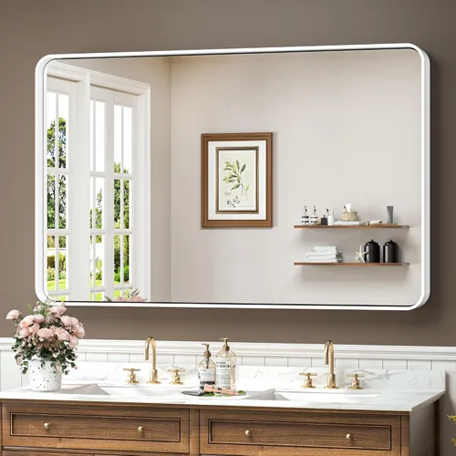 Vista 78 de TokeShimi Espejo de pared de baño de níquel cepillado de 20 x 30 pulgadas, marco de metal, esquina redonda, rectangular, para decoración del hogar