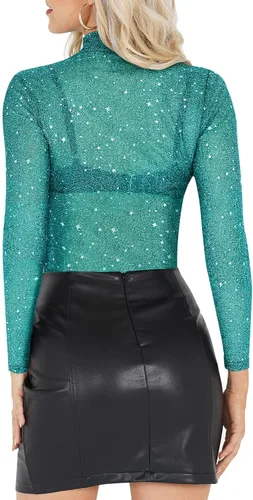 Vista 3 de MANGOPOP - Blusa delgada de malla transparente con lentejuelas para mujer, manga corta, sexy, camiseta transparente para club