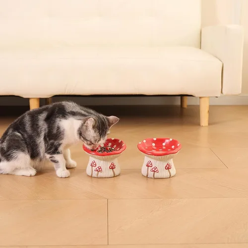 Vista 7 de Alimentador lento de cerámica para gatos, Tazón elevado de comida con forma de hongo lindo, Plato elevado poco profundo para gatos, Cuencos