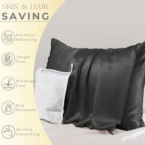 Vista 3 de PROMEED Funda de almohada de seda negra de grado 6A+ con cremallera, 23 fundas de almohada de seda de morera natural Momme para cabello y piel, Negro