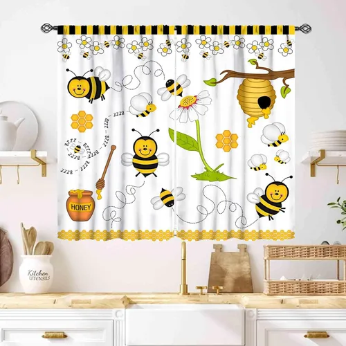 Vista 21 de Cortinas infantiles de abejas, cortinas de campo de primavera de acuarela de girasoles florales de nido de abeja, adorables abejas, cortinas