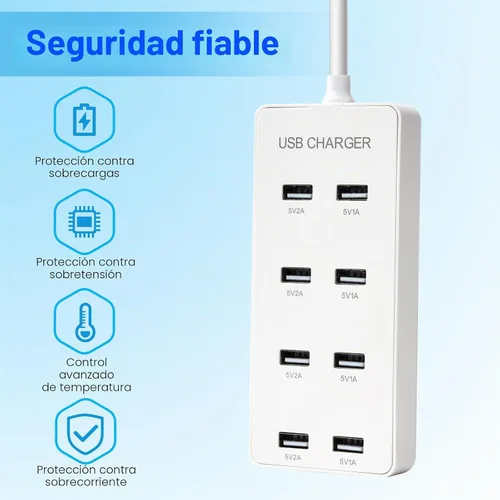 Vista 2 de Cargador de pared USB Estación de carga USB para múltiples dispositivos 8 puertos Charging Hub Strip Smart Charger Block Compatible with iPhone