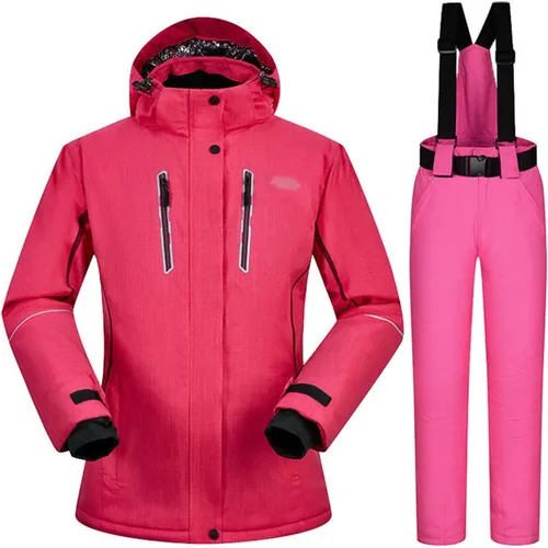 Vista 20 de Conjunto de chaquetas y pantalones de esquí para mujer, invierno al aire libre, talla grande, trajes de esquí cálidos con capucha, trajes de nieve E