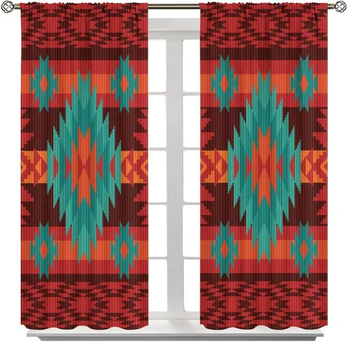 Vista 124 de Cortinas con patrón geométrico tribal, estilo suroeste, azteca, rústico, occidental, nativo americano, opacas, con bolsillo para barra, decoración
