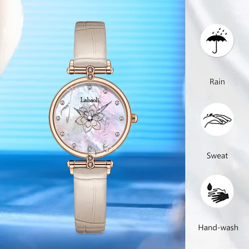 Vista 6 de RORIOS Reloj analógico de cuarzo impermeable para mujer, elegante reloj de pulsera de diamantes con esfera de madreperla y correa de cuero con flor