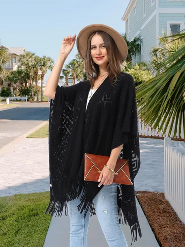 Vista 39 de Soul Young - Chal de punto para mujer, poncho con flecos y capa