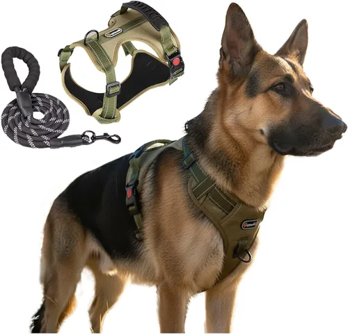 Vista 11 de Arnés táctico para perro, ajustable, sin tirones, con correas reflectantes y asa, arnés para cachorros con clips metálicos dobles para correa