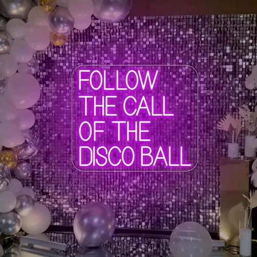 Vista 9 de Letrero de neón rosa con texto en inglés "Follow The Call Of The Disco" para decoración de pared, luz de neón alimentada por USB para discoteca