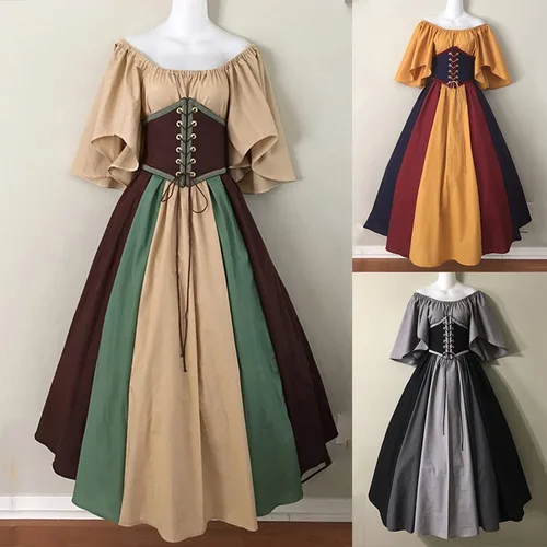 Vista 6 de SHOPESSA Vestido renacentista, disfraz victoriano para mujer, vestido de baile de retazos, vestido medieval de manga acampanada con corsé