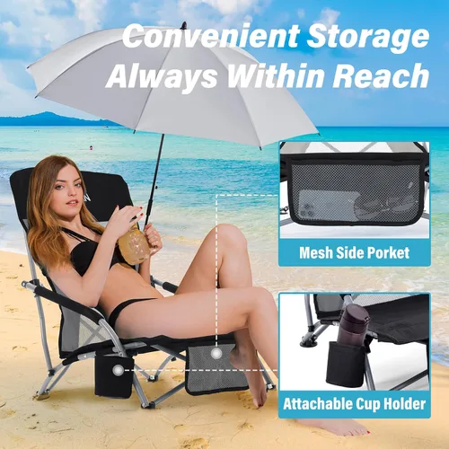 Vista 3 de Homcosan Silla de playa portátil baja plegable con paraguas desmontable, silla de campamento ligera para adultos con portavasos y bolsillo