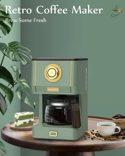 Vista 4 de Amaste Juego de cafetera y tostadora retro, verde matcha y blanco elegante con oro rosa