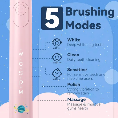 Vista 4 de SEAGO Cepillo de dientes eléctrico para niños, cepillos de dientes recargables de cerdas suaves sónicos con calcomanías de bricolaje, 5 modos