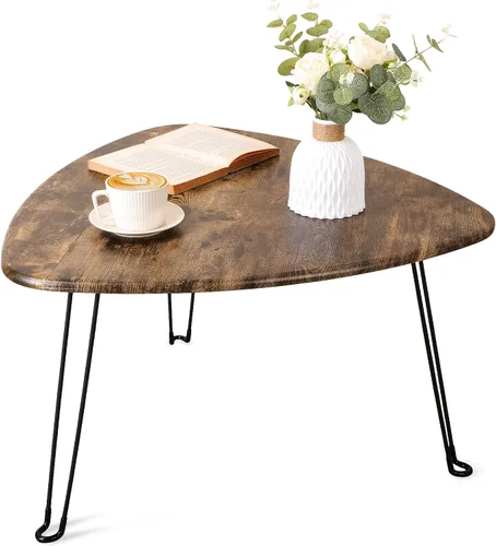 Vista 11 de Mesa de centro plegable negra de madera triangular para sentarse en el suelo, mesas auxiliares pequeñas ovaladas, mesa de centro moderna de mediados