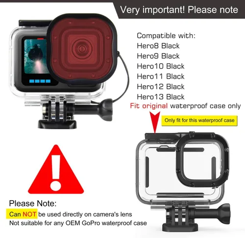 Vista 9 de GEPULY Paquete de 4 filtros submarinos para buceo para GoPro Hero 8 9 10 11 12 13 Estuche oficial impermeable en negro, rojo claro, magenta