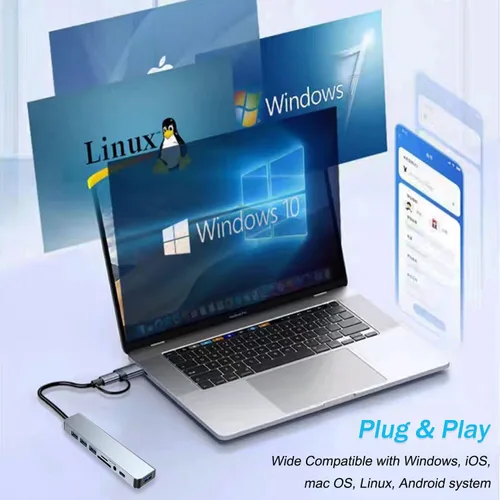 Vista 6 de Hub USB C Hub USB 3.0, extensor USB 8 en 1 de aluminio VIENON con lector de tarjetas SD/TF, conector auxiliar de auriculares de 3.5mm para MacBook