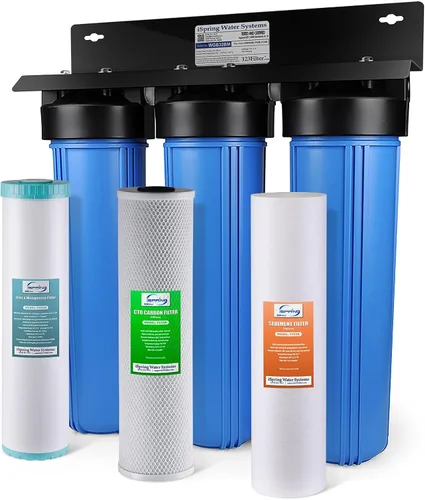 Vista 2 de iSpring WGB32BM - Sistema de filtración de agua de 3 etapas para toda la casa, con sedimento azul grande de 20 pulgadas, bloque de carbono