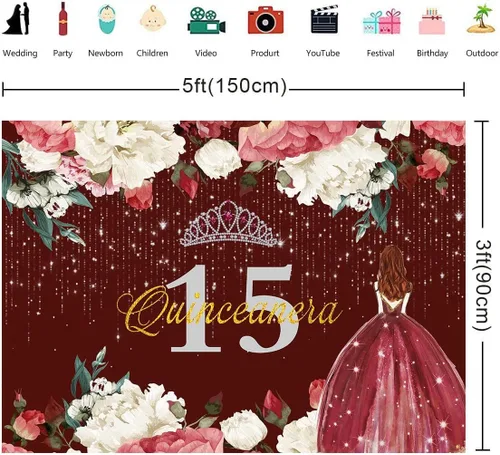Vista 2 de Telón de fondo de feliz cumpleaños 15 para niña, quinceañera, 5 x 3 pies, corona de flores rojas burdeos, corona, princesa, decoración de fiesta