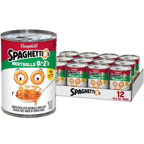 Vista 48 de SpaghettiOs Pasta enlatada con albóndigas A to Z's, lata de 15.6 onzas
