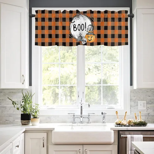 Vista 3 de Cortina de cenefa para cocina, cenefa de búfalo negro y naranja para sala de estar, cenefas con bolsillo para barra para dormitorio, cenefa