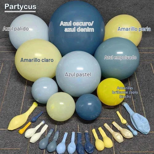 Vista 3 de Kit de arco de globos azul polvoriento, amarillo, doble relleno, azul pastel oscuro, amarillo claro, guirnalda de globos de perlas para cumpleaños