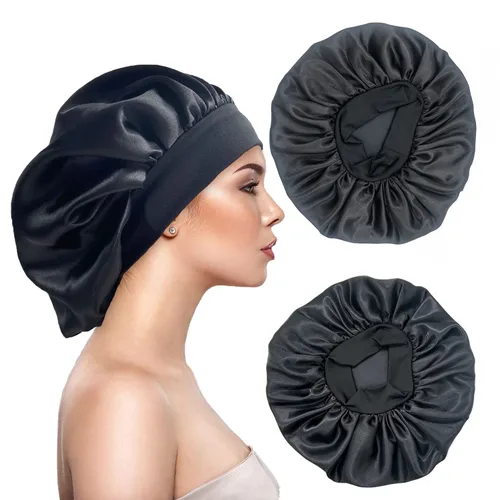 Vista 13 de 2 gorros grandes de seda satinada para dormir, gorros de banda ancha elástica para trenzas de mujeres negras, gorras de seda para dormir nocturnas