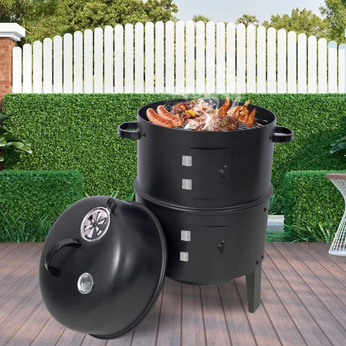 Vista 8 de Ahumador vertical de carbón de 16 pulgadas, mini parrilla de barbacoa, hoguera, 3 en 1 con termómetro integrado, ventilación de aire ajustable