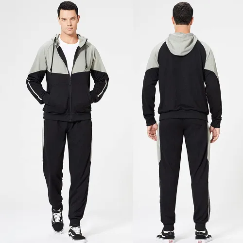 Vista 5 de Chándal deportivo con capucha para hombre, manga larga, con cremallera completa, 2 piezas, de retazos