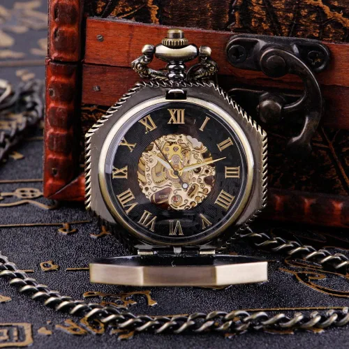 Vista 8 de Bronze Men's Antique Mechanical Pocket Watch, Skeleton Mechanical Roman Numerals Pocket Watch with Chain + Box
