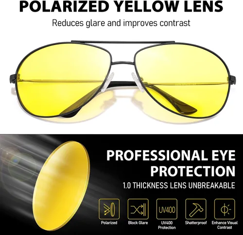 Vista 3 de Xfeel Gafas de conducción nocturna de aviador para hombres y mujeres, polarizadas, antirreflejos, lentes amarillas, lentes