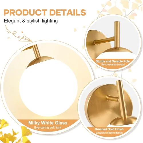 Vista 3 de Juego de dos apliques de pared dorados, paquete de 2 lámparas de baño de oro cepillado con vidrio de globo blanco lechoso, apliques modernos
