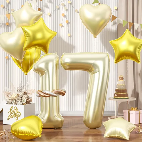 Vista 68 de Globos dorados de color champán con el número 11, globos de oro claro, globo de aluminio dorado con forma de corazón con estrella y globo largo