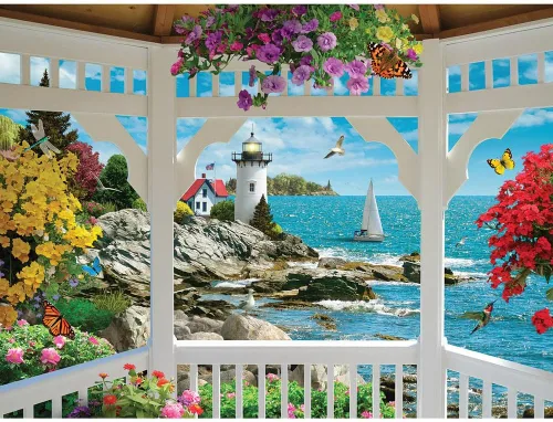 Vista 2 de Bits and Pieces Rompecabezas de 500 piezas para adultos, rompecabezas grandes de 15 x 19 pulgadas, 500 piezas de paisaje marino con diseño de faro