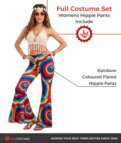 Vista 3 de Disfraz para mujer de los años 70 de las décadas de los años 70 Hippie acampanadas de discoteca arcoíris