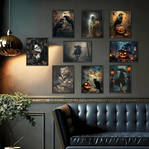 Vista 5 de ARKZSHO Juego de 9 impresiones en lienzo para pared de Halloween, pintura oscura de academia, pintura estética gótica espeluznante para galería