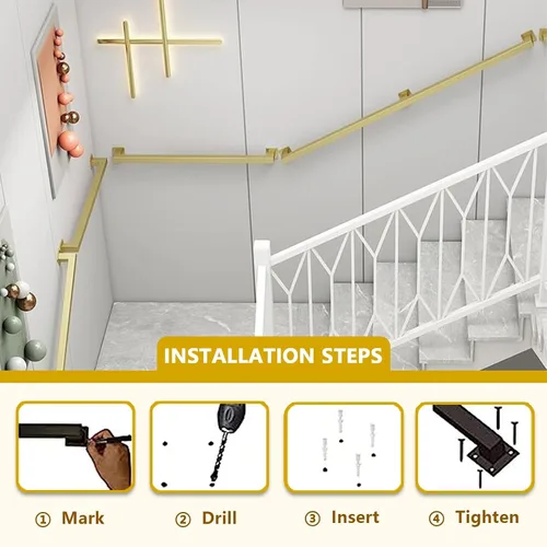Vista 5 de Barandillas doradas para escaleras, barandillas modernas con soportes de hierro forjado y tornillos de metal, barra de seguridad para interiores