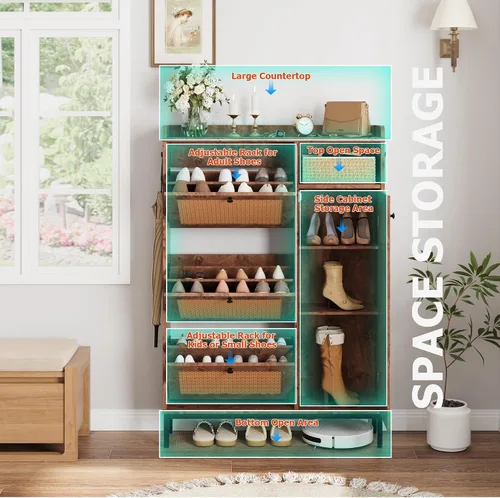 Vista 5 de GarveeHome Zapatero de ratán con 3 cajones abatibles y zapatero de almacenamiento de 4 niveles, organizador de zapatos independiente con estantes
