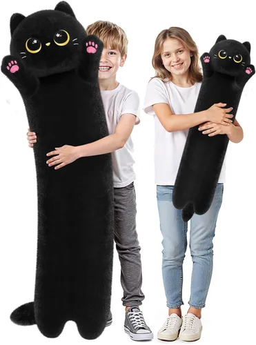 Vista 12 de Almohada larga de felpa negra ultra suave diseñada por artistas de Mewaii, con relleno extra para mayor comodidad, peluche de animal de alta
