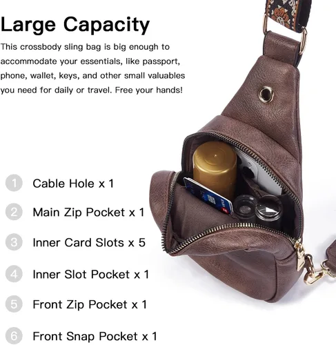 Vista 3 de Telena Bolso bandolera para mujer, cangureras cruzadas para mujer, bolso de pecho de moda con correa ajustable, 1- marrón