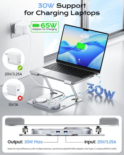 Vista 2 de Meifigno Soporte para laptop con base de estación de carga inalámbrica, soporte plegable de aluminio para MacBook con cargador MagSafe