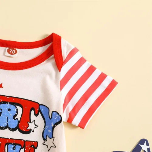 Vista 3 de GLIGLITTR Mameluco patriótico para bebés y niñas del 4 de julio con bandera estadounidense, mameluco para fiesta en los Estados Unidos