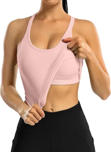 Vista 40 de ATTRACO Camiseta corta acanalada de entrenamiento para mujer con brasier integrado para yoga, espalda cruzada, ajuste ajustado