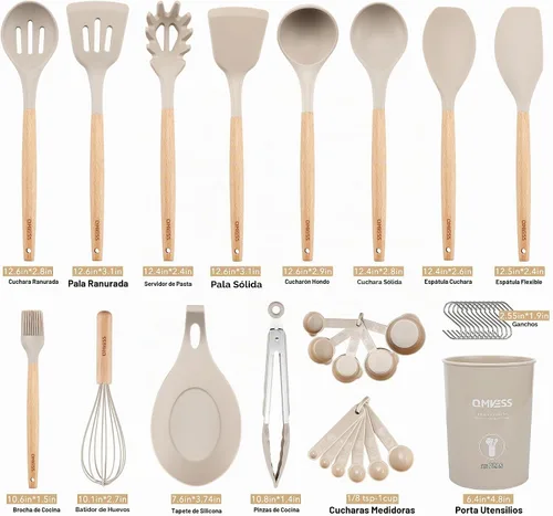Vista 7 de QMVESS Juego de utensilios de cocina de silicona, 35 piezas, antiadherentes, aislamiento resistente, mango de madera, accesorios de cocina